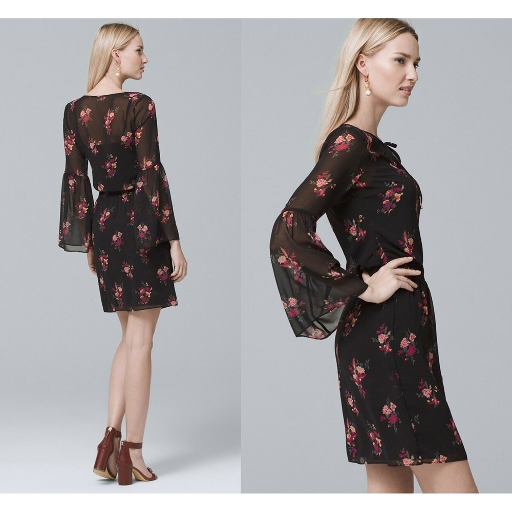 ✨2/$20 White House Black Market Floral Bell Sleeve Dress XS Dark Romantic *Flaw - Picture 5 of 13